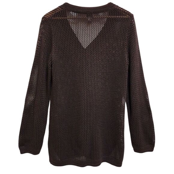 Chico's Top Womens L Brown Cotton Open Weave Long Slv Button Tunic Boho Beach - Picture 2 of 10